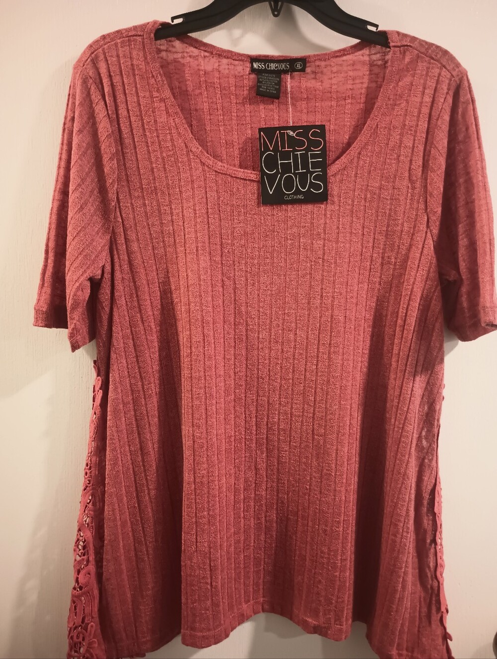 Miss Chievous Dusty Rose Ribbed Short Sleeve Top with Lace Panels